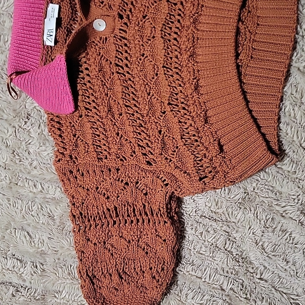 Zara Women's Knit Sweater with Pink Collar Sz Small - Picture 3 of 5